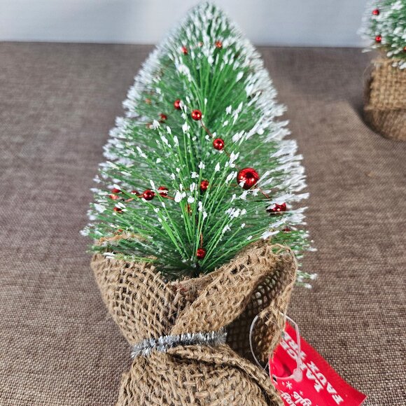 2 Holiday Style 11" Green Bottle Brush Trees With White Tips & Red Bead Garland - Picture 3 of 9